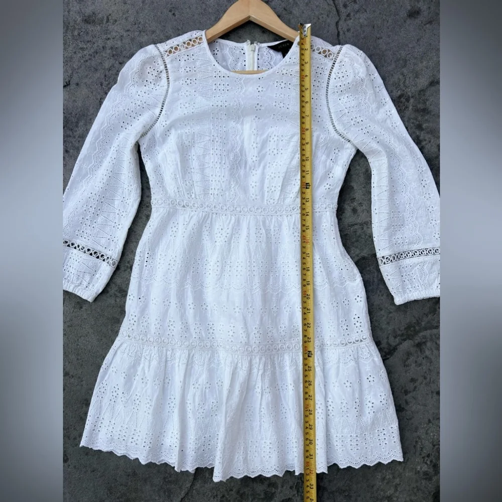 New J. Crew White Eyelet Cutout Long Sleeve Lined Dress 2 petite